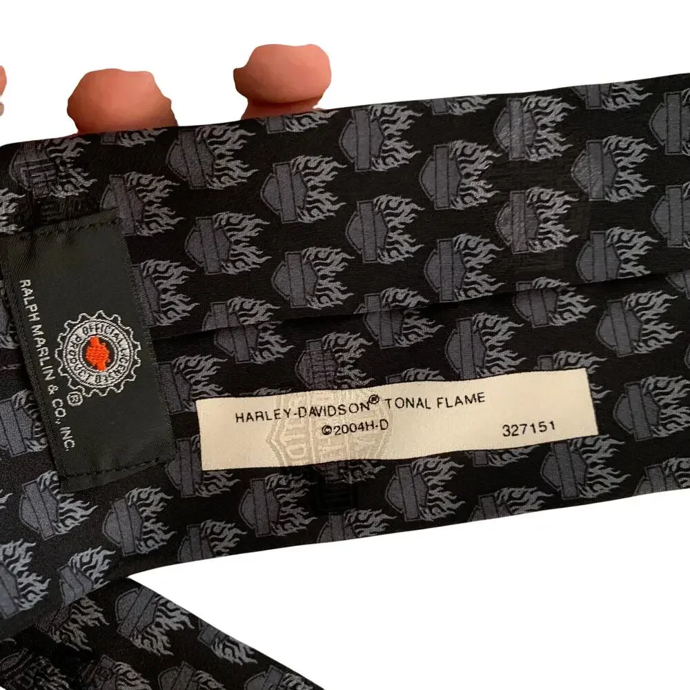 VTG 2004 Harley Davidson Ralph Marlin Neck Tie Tonal Flame Black Gray Logo Fire